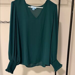 CeCe Teal Blouse with V-Neck and Ruched Sleeves